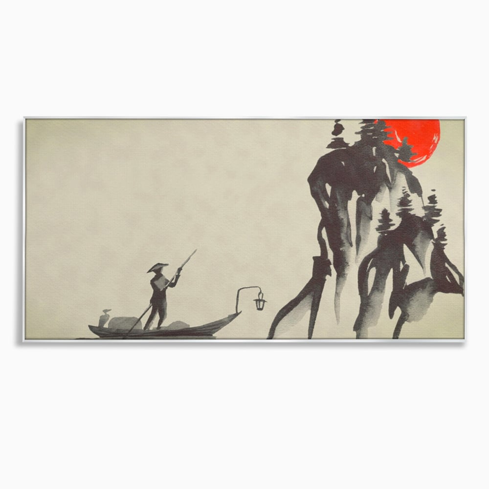 Tablou canvas cu pictura minimalista cu pescar si soare rosu, in rama de aluminiu argintiu
